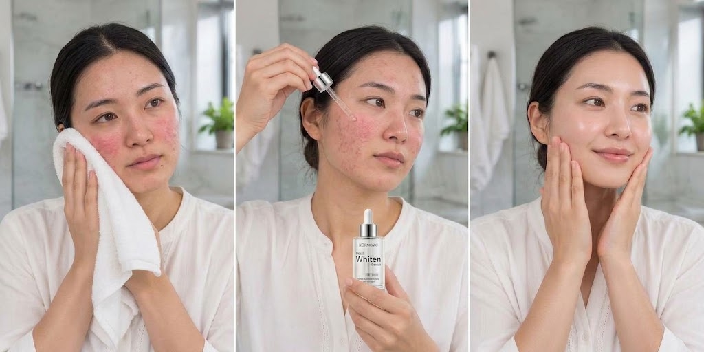 Three steps: cleanse face, apply serum drops, then gently pat into skin